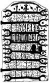 Tegning af den inderste kirkedør fra Næsbyhovedbroby kirke. Døren er jern med vikinge bogstaver.